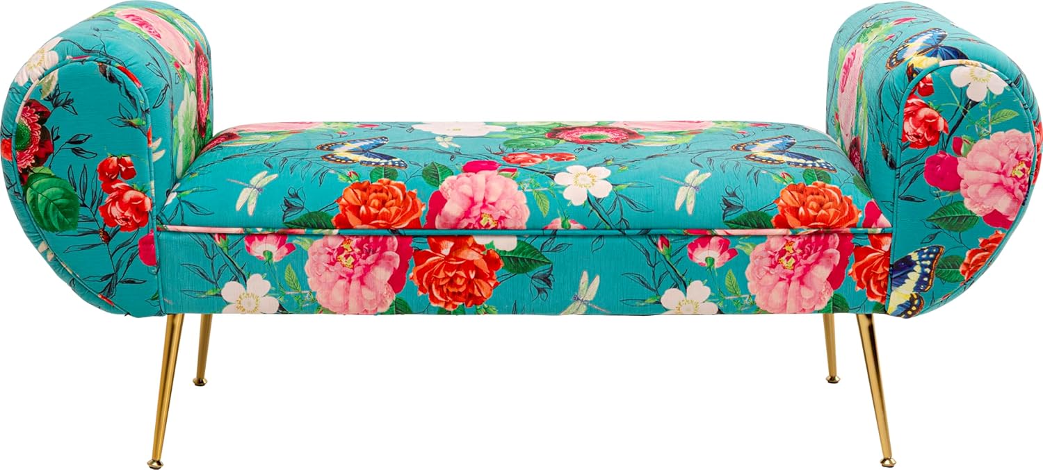 Flower Fever, Blu, 61x140x50 cm, panca imbottita con gambe finitura ottone, stampa floreale effetto velluto, altezza seduta 41 cm, Flower-Fever, soggiorno