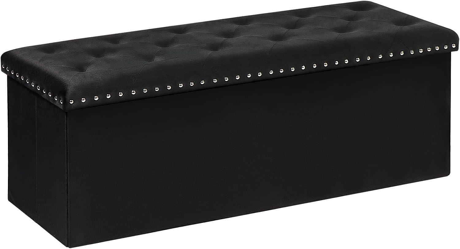 in Velluto, Puff Rettangolare con Ampio Spazio di Archiviazione, Poggiapiedi per Ingresso e Soggiorno, 110x40x40 cm, Nero