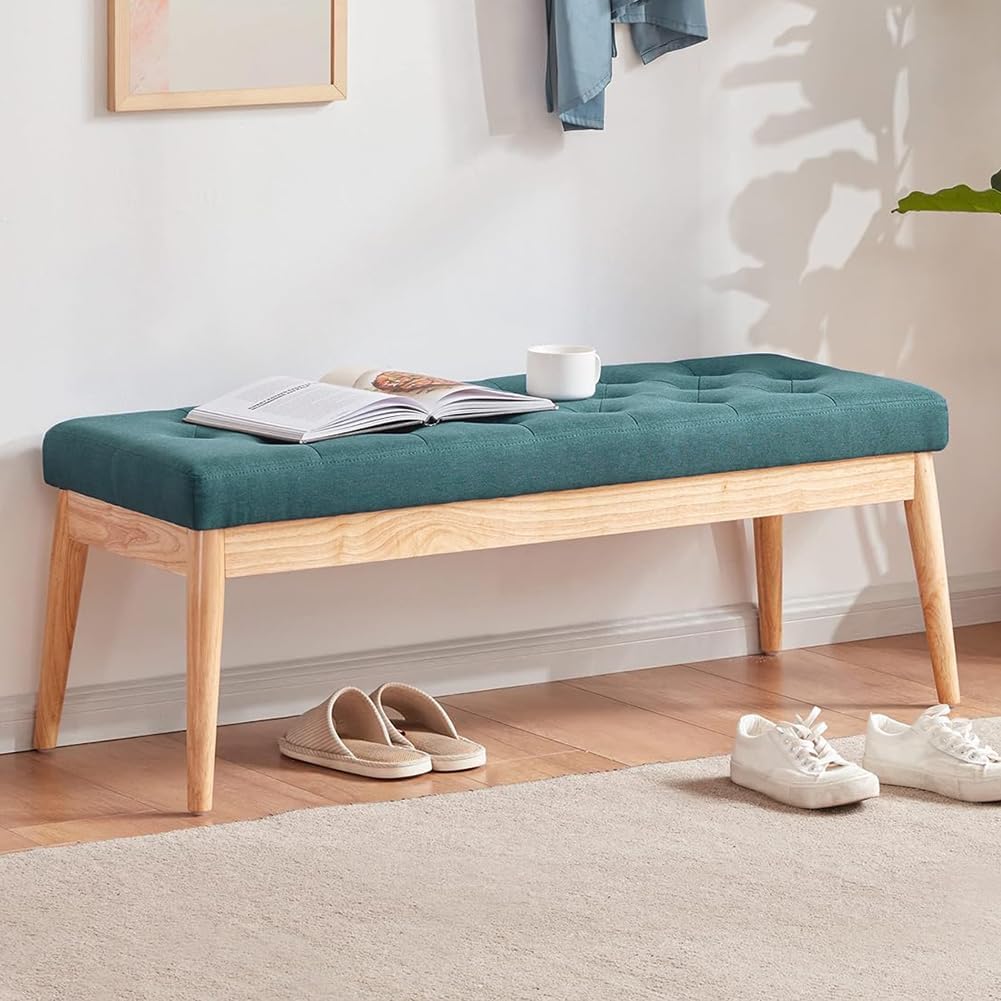 in Tessuto con Struttura Legno, Cassapanca Pouf Camera da Letto, Ingresso, Ufficio, Cameretta, Soggiorno, Salotto, Panchina Ottomana Imbottitura Alta Densità (Verde)