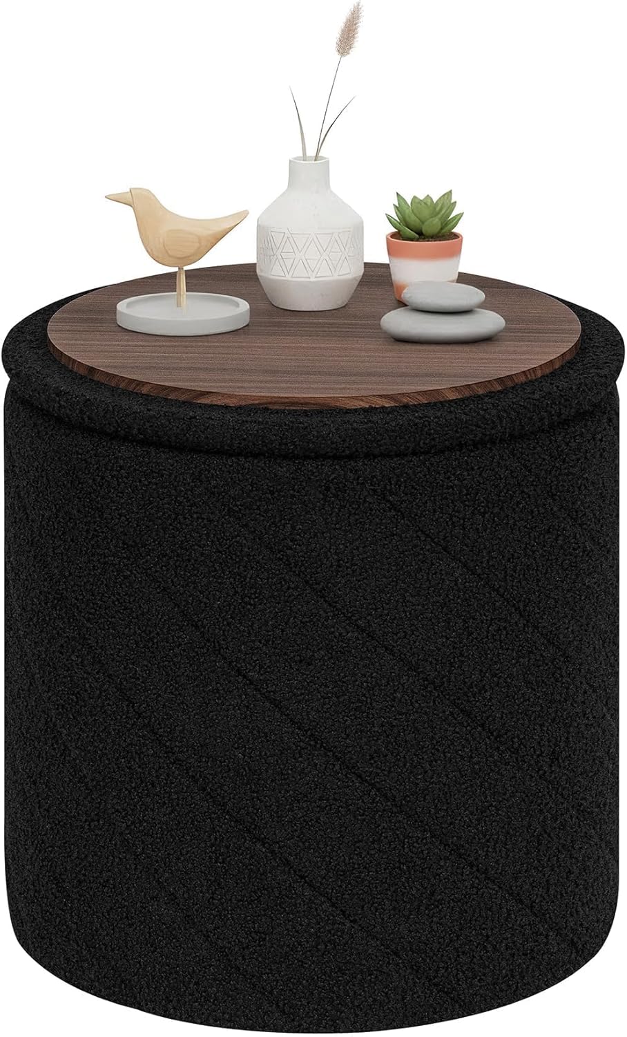Pieghevole, in Teddy Bouclé, con Coperchio Ribaltabile come Tavolino, per Soggiorno e Camera, Ø 43 x 45 cm, Nero