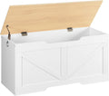 Cassapanca, Panca Contenitore per Bambini, con Cerniere di Sicurezza, Grande Piano, Manico Incorporato, Poggiapiedi, Baule per Giocattoli, Sgabello, Bianco e Colore Legno Naturale EWN771CW01