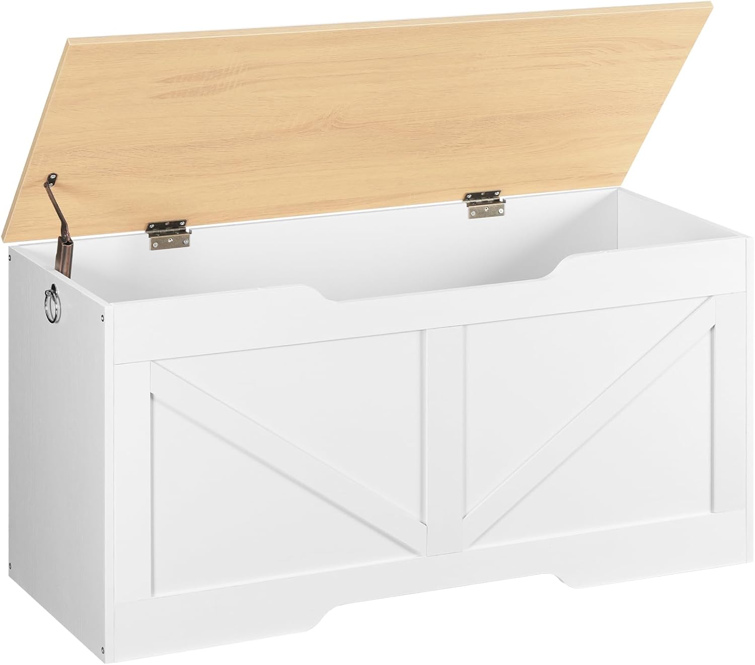 Cassapanca, Panca Contenitore per Bambini, con Cerniere di Sicurezza, Grande Piano, Manico Incorporato, Poggiapiedi, Baule per Giocattoli, Sgabello, Bianco e Colore Legno Naturale EWN771CW01