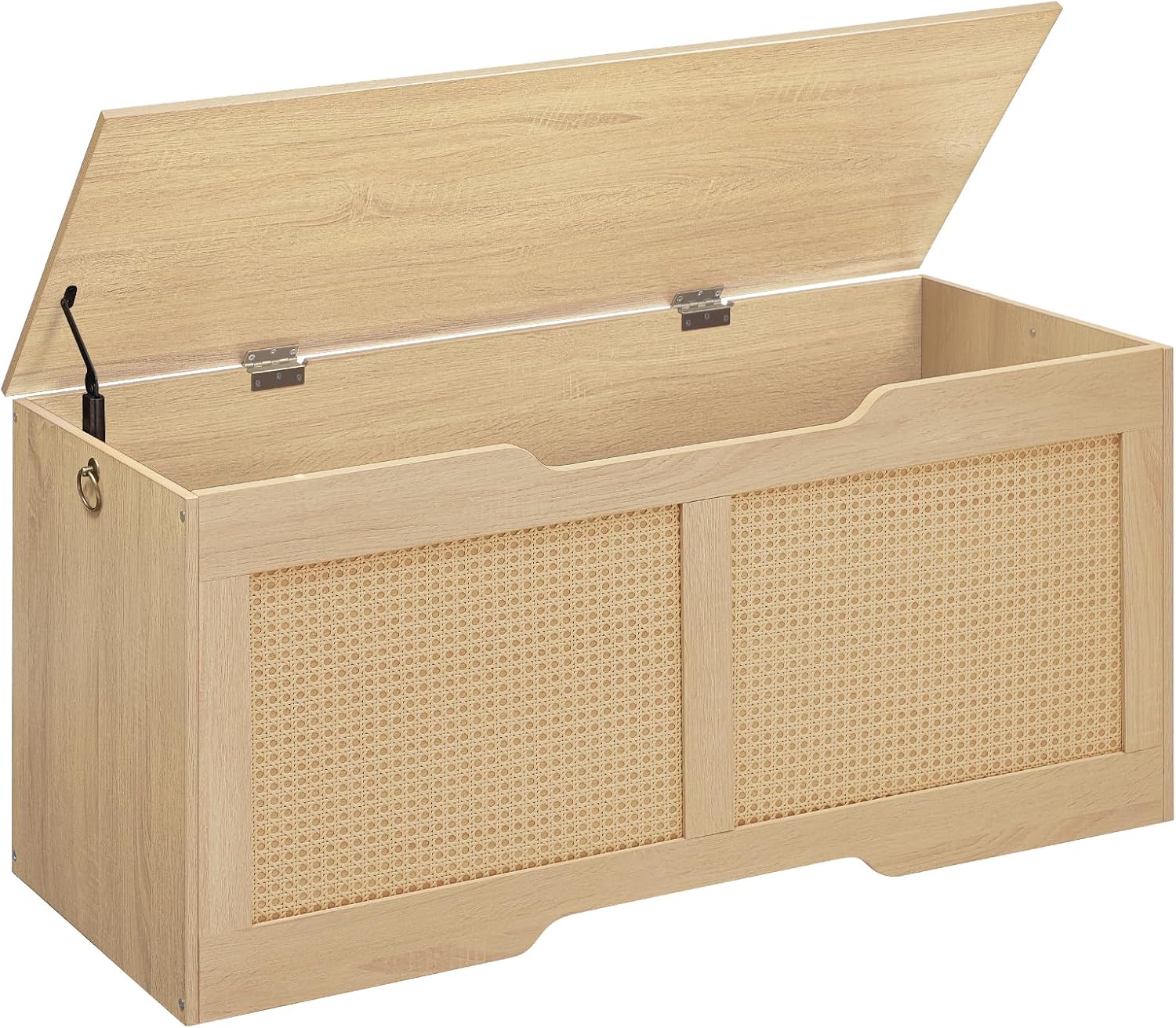Organizzatore, Cassapanca Contenitore in Rattan da 110 cm, con Cerniere di Sicurezza e Maniglie in Metallo, per Camera da Letto, Soggiorno, Colore Legno ENL22CW01