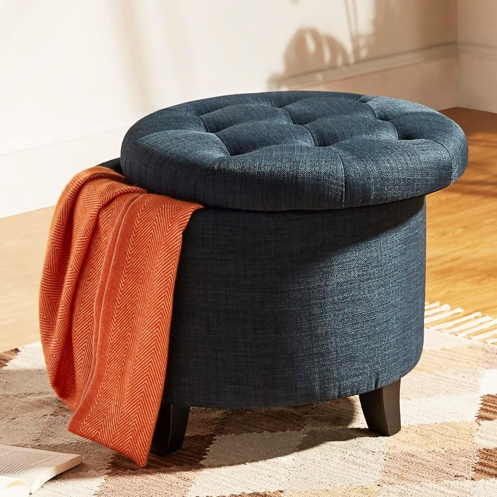 in Legno con Scomparto Interno, Baule Portaoggetti con Seduta Imbottita, Sgabello Rotondo 51 x 51 x 43 cm Arredamento per Soggiorno, Cameretta (Blu Lino)